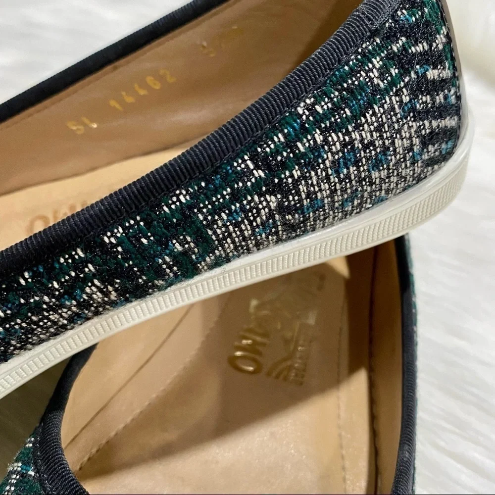 Ferragamo Rufina‎ Tweed Patent Leather Flats Green Black 5.5